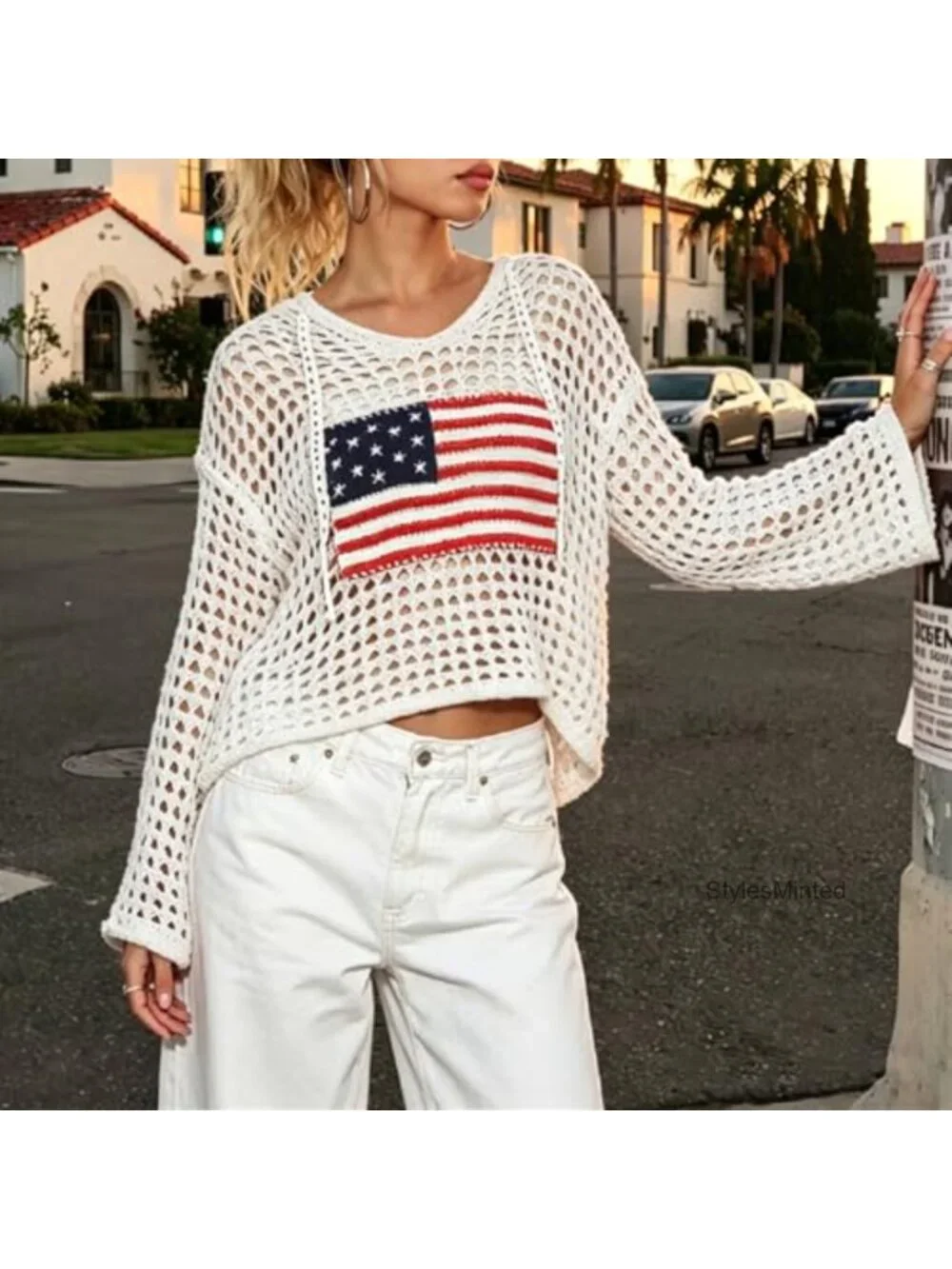 American Flag Crochet Hoodie Long Sleeve Hollow Out Knit Sweater Beach Cover Up